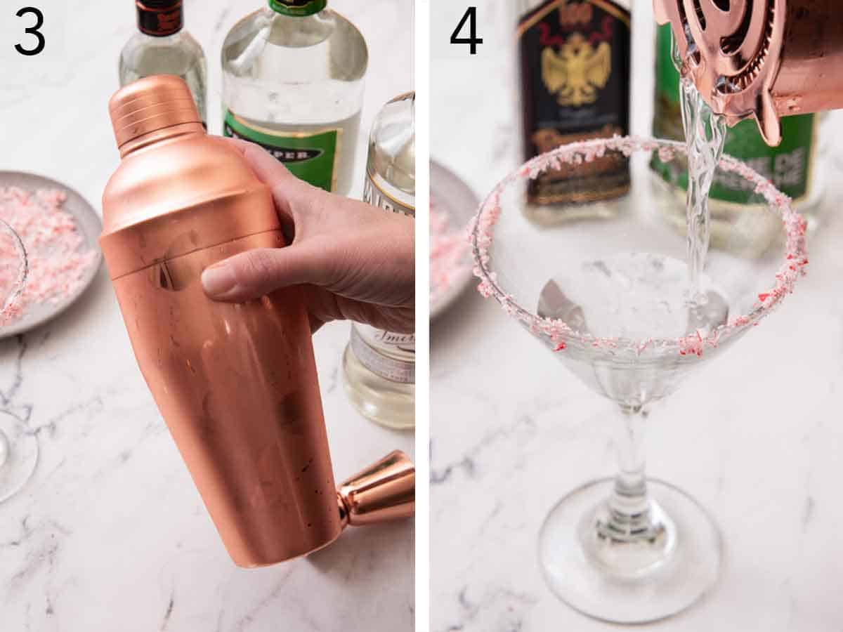 Set of two photos showing shaker shaken and cocktail strained into the prepared glass.