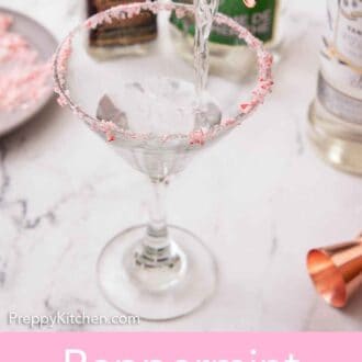 Pinterest graphic of a peppermint martini strained into a prepared glass.