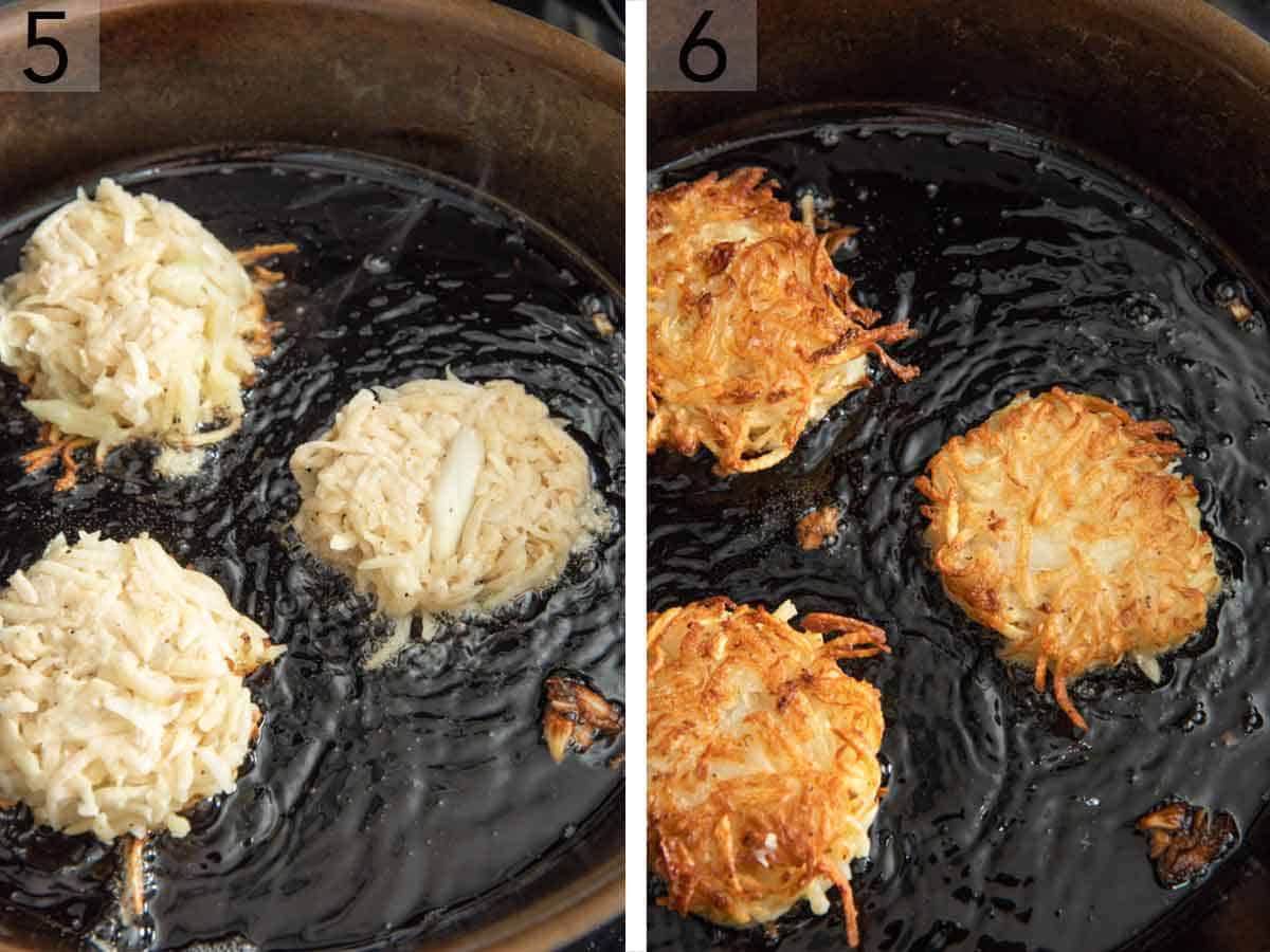 Set of two photos showing the shaped potato pancakes fried in oil.