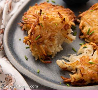 Pinterest graphic of a platter of potato pancakes with one piece cut in half.
