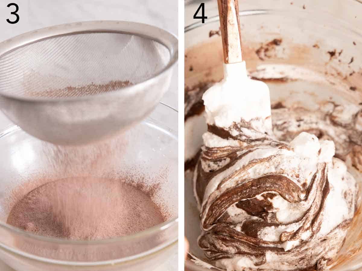 Set of two photos showing cocoa sifted and folded with the whipped egg whites.