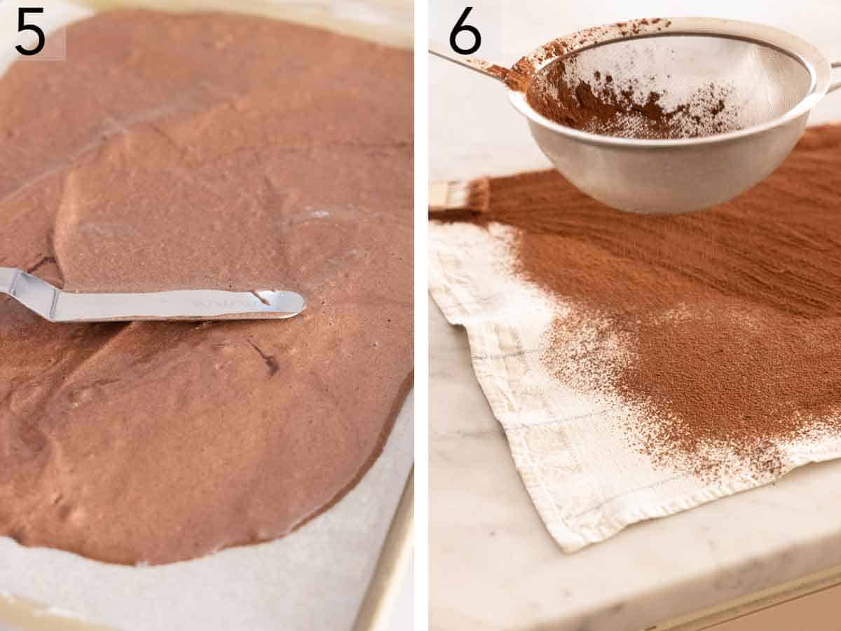 Set of two photos showing batter spread on a lined sheet pan and cocoa sifted over a towel.