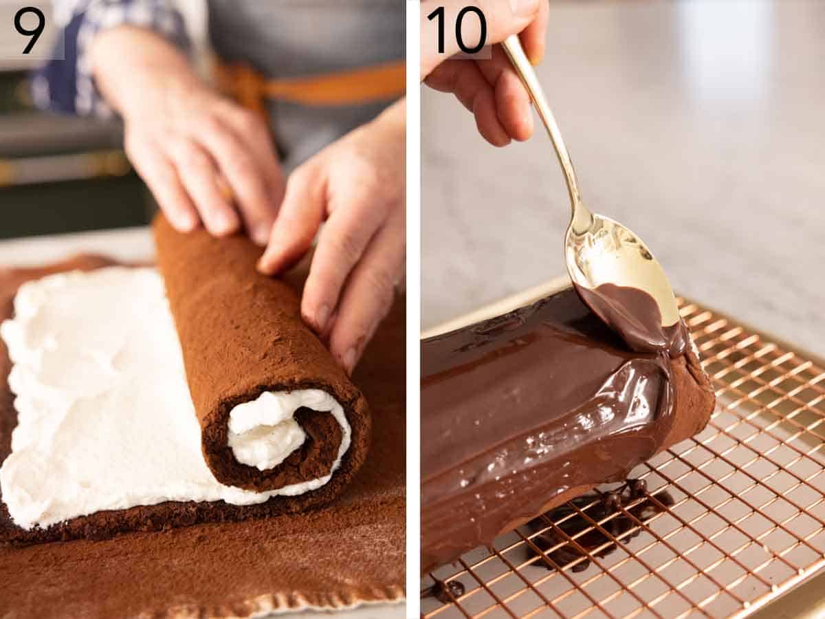 Set of two photos showing the Swiss roll rolled up and topped with melted chocolate.