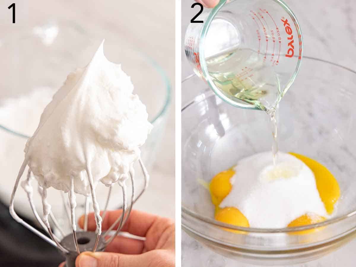 Set of two photos showing egg whites whipped and oil poured into a bowl of egg yolks and sugar.