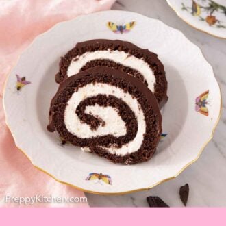 Pinterest graphic of a plate with two slices of Swiss roll.