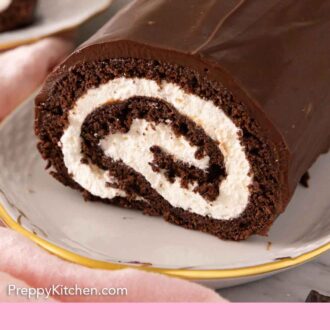 Pinterest graphic of a close up view of the cut end of a Swiss roll.