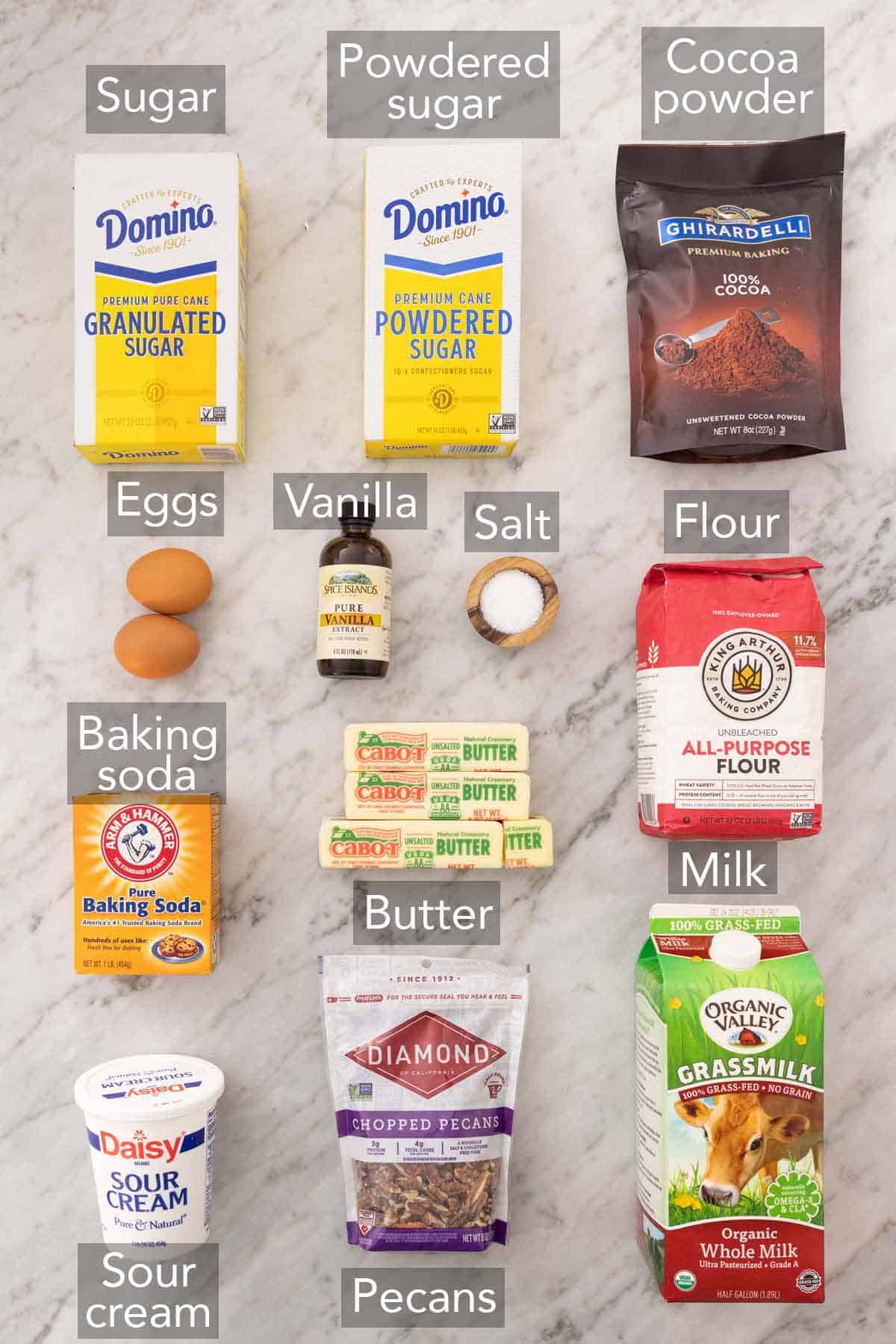Ingredients needed to make Texas sheet cake.