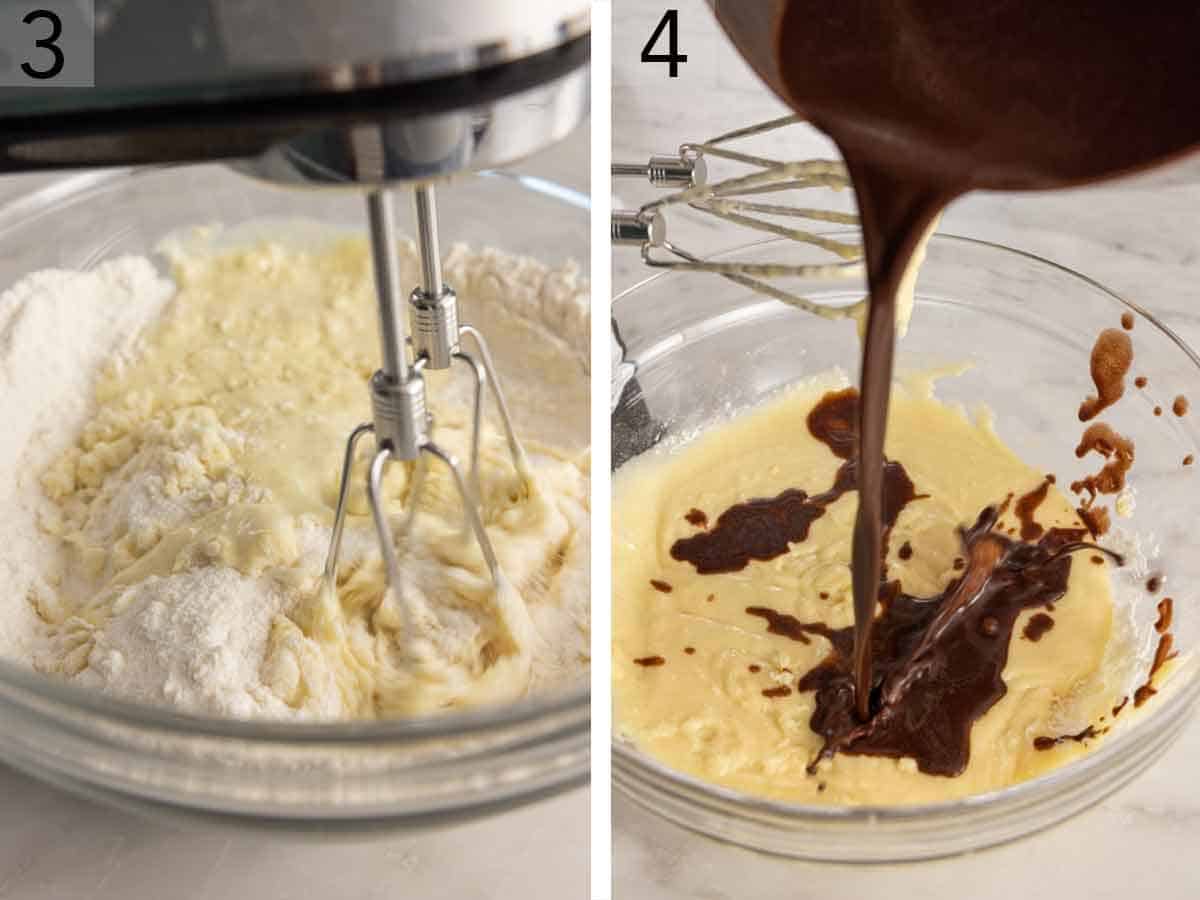 Set of two photos showing wet and dry ingredients beaten and then chocolate mixture added.