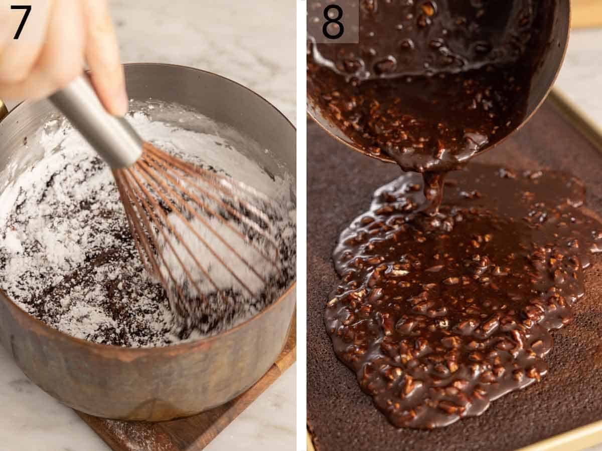 Set of two photos showing butter, milk, cocoa, powdered sugar, and pecan whisked together and poured over the baked cake.