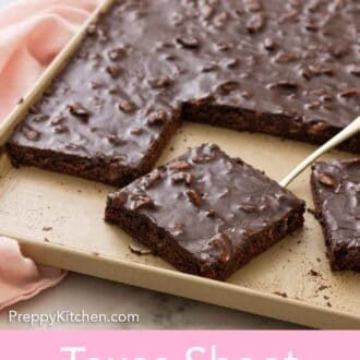 Pinterest graphic of a sheet pan with a Texas sheet cake with a slice cut out to be served.