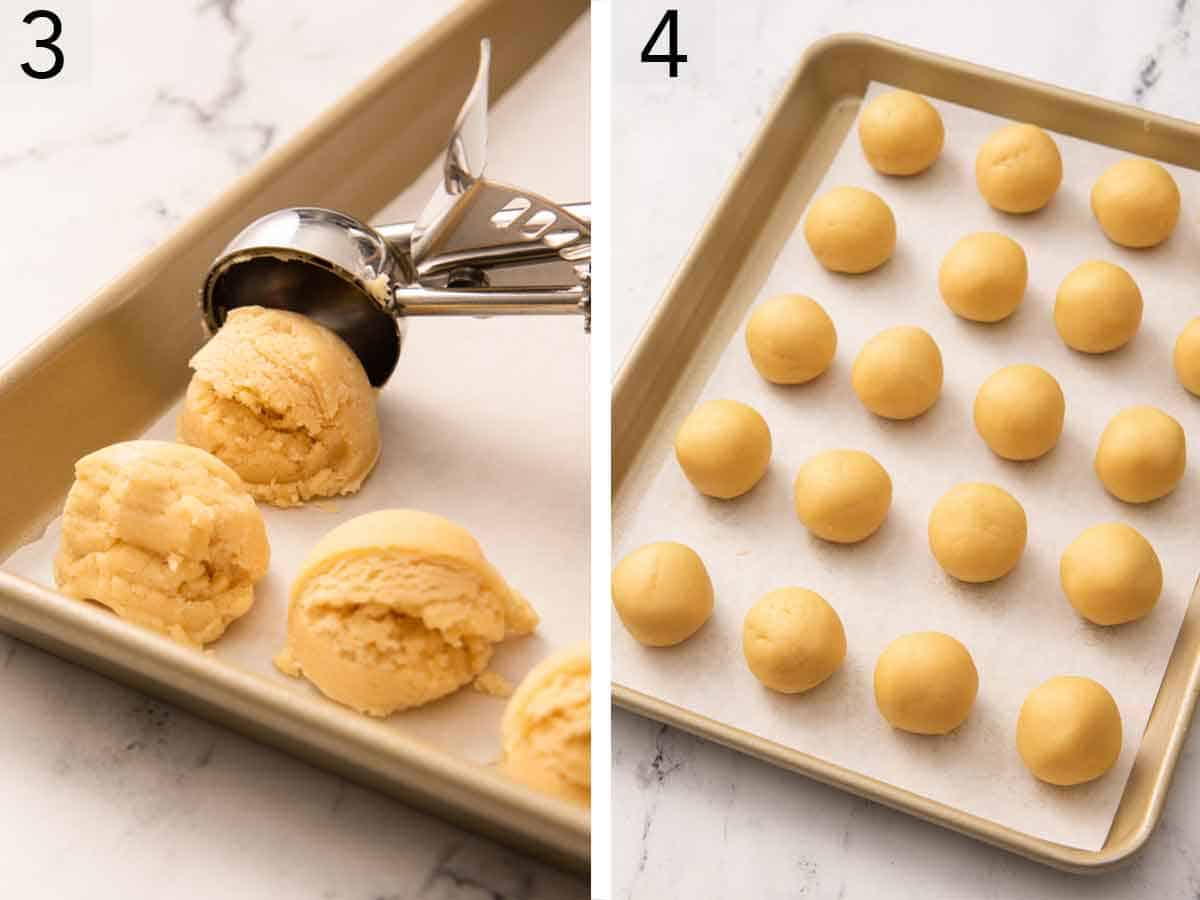 Set of two photos showing dough scooped onto a lined sheet pan then rolled into balls.