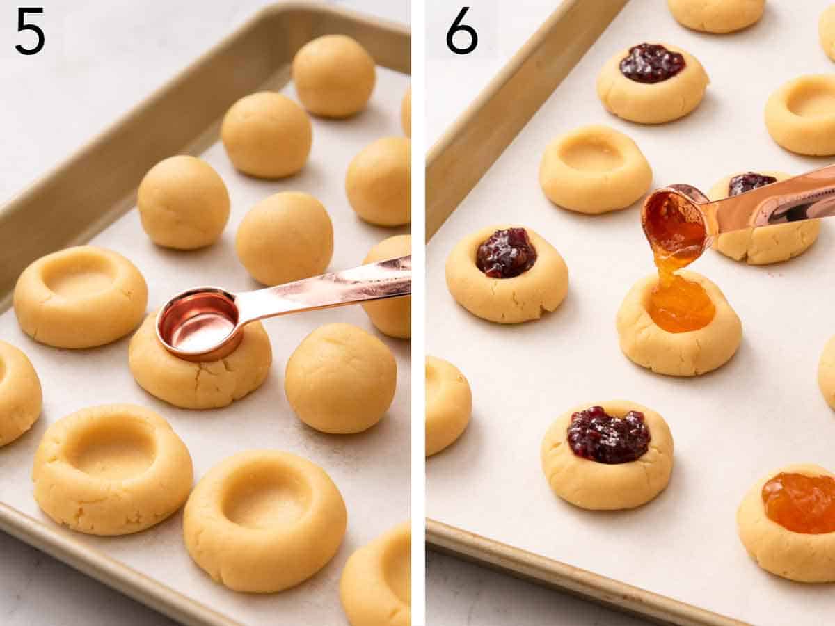 Set of two photos showing a small measuring spoon pressing into the dough balls and jam added to the indents.