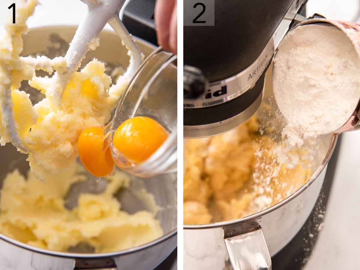 Set of two photos showing egg yolks added to butter in a mixing bowl then flour added.