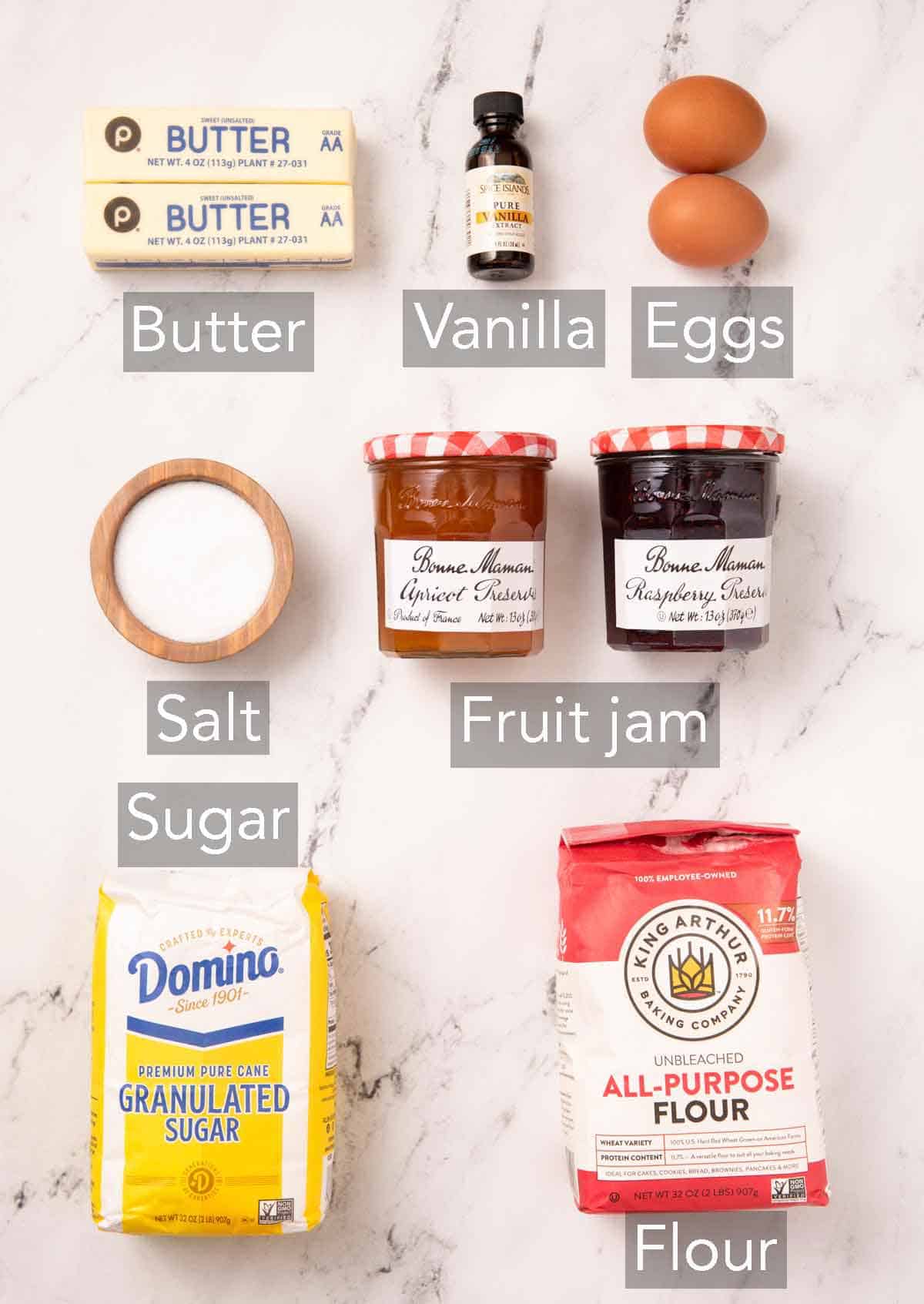 Ingredients needed to make thumbprint cookies.