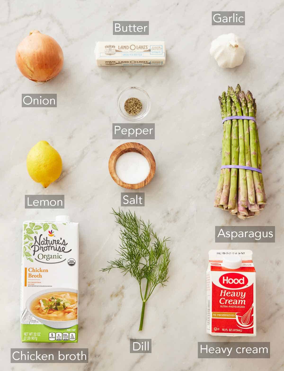 Ingredients needed to make asparagus soup.