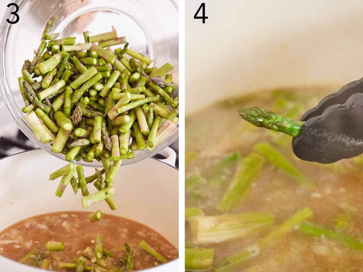 Set of two photos showing chopped asparagus cooked in broth.