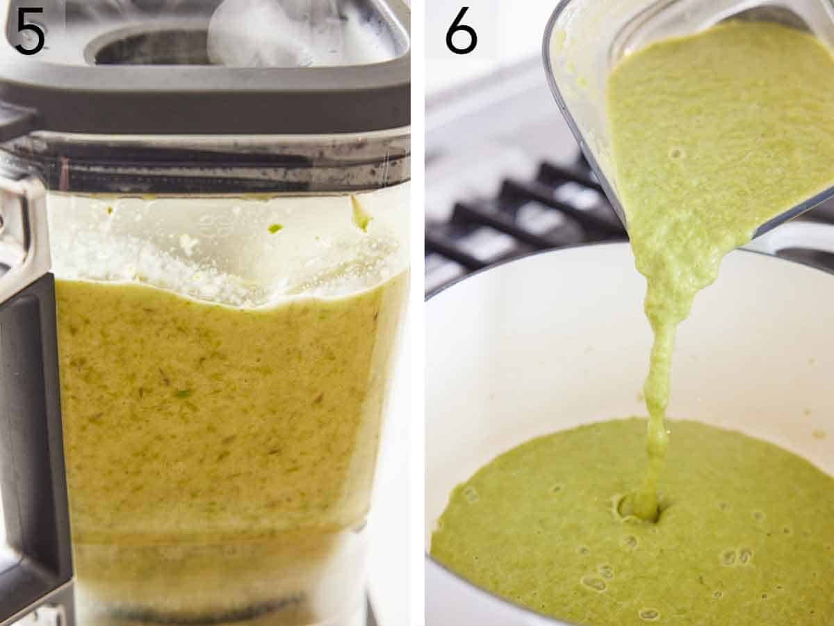Set of two photos showing all the cooked ingredients blended in a blender and added back to a pot.