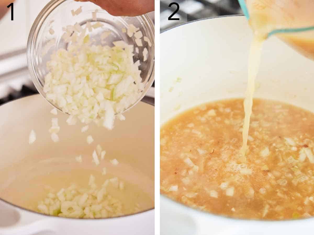 Set of two photos showing onions and broth added to a pot.