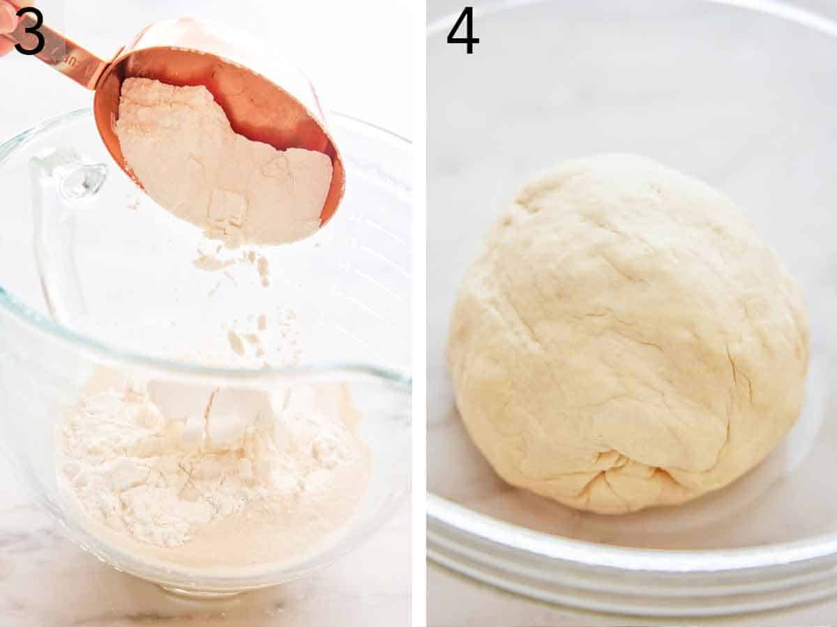 Set of two photos showing flour added to bloomed yeast and dough ball formed.