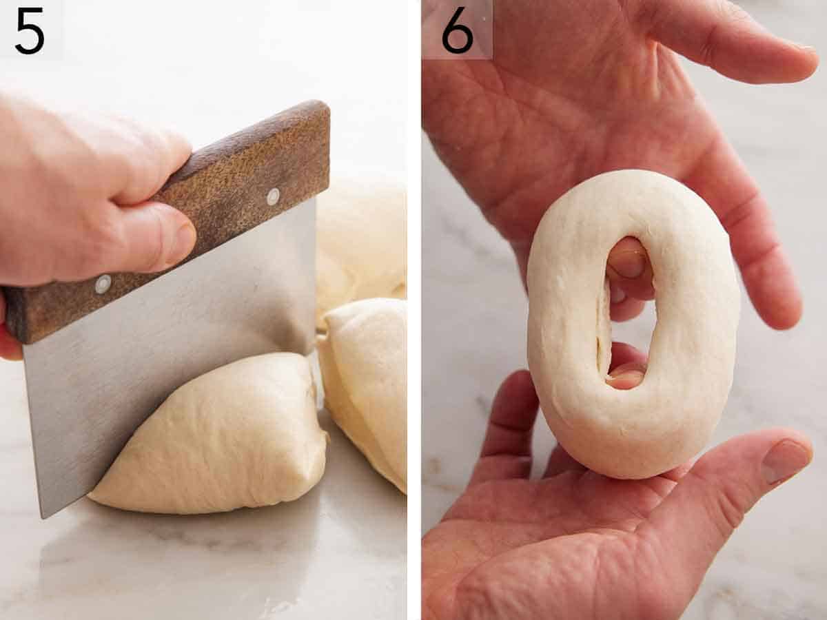 Set of two photos showing dough cut and shaped into a bagel.