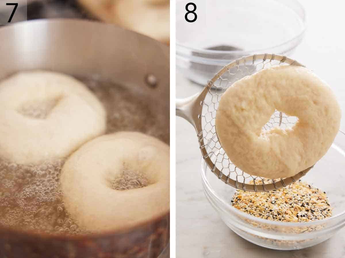 Set of two photos showing bagels boiled in water and then dropped into a bowl of toppings.