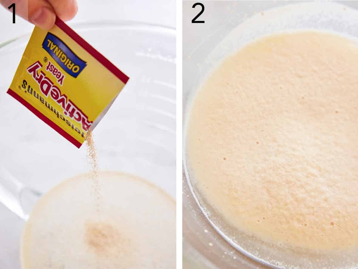 Set of two photos showing active dry yeast bloomed in a bowl.