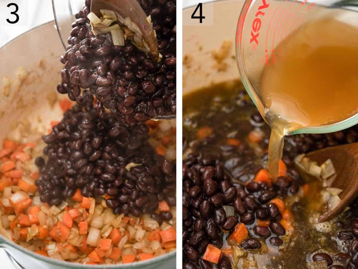Set of two photos showing black beans and broth added to a pot.