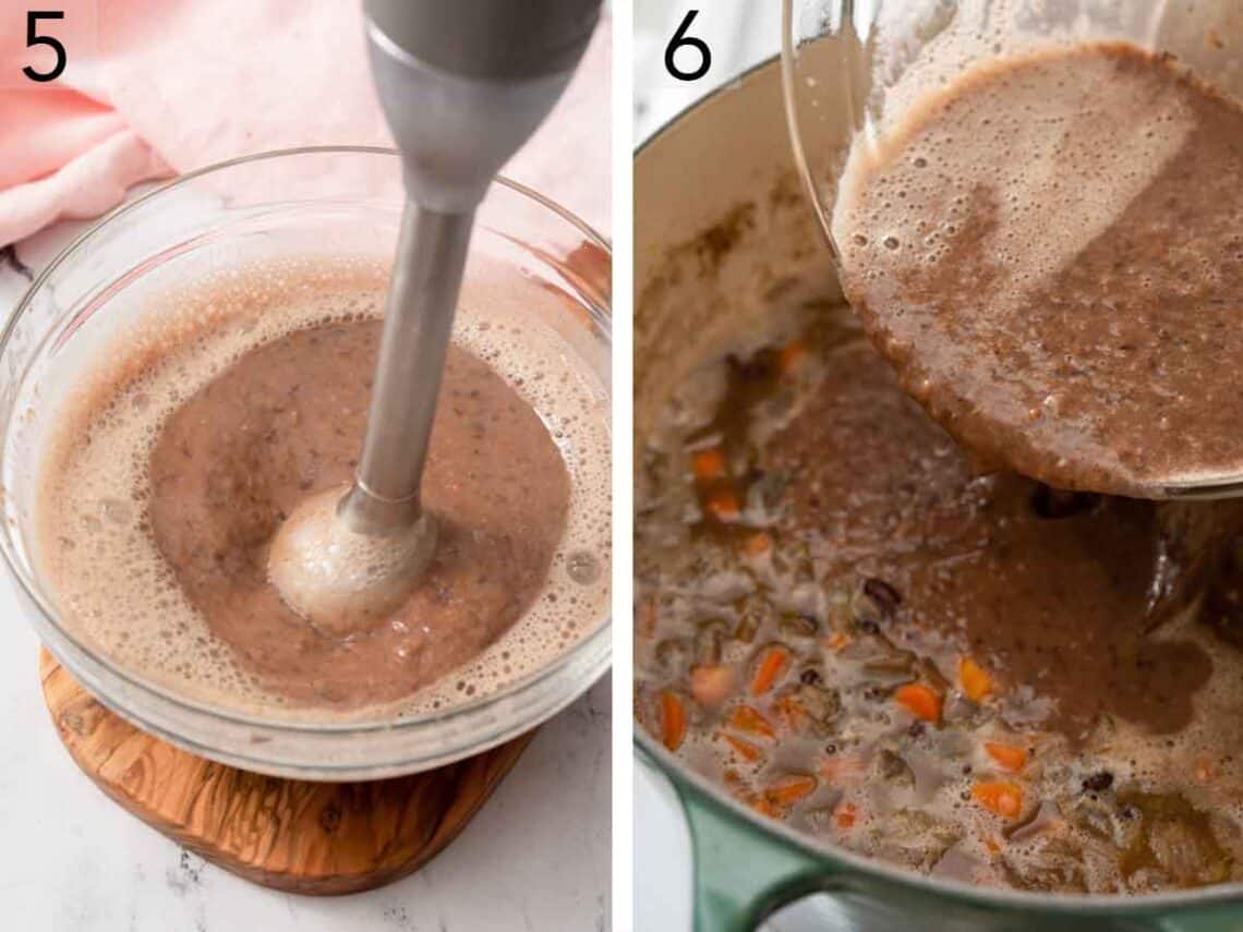 Set of two photos showing some of the soup being blended and added back to the pot.
