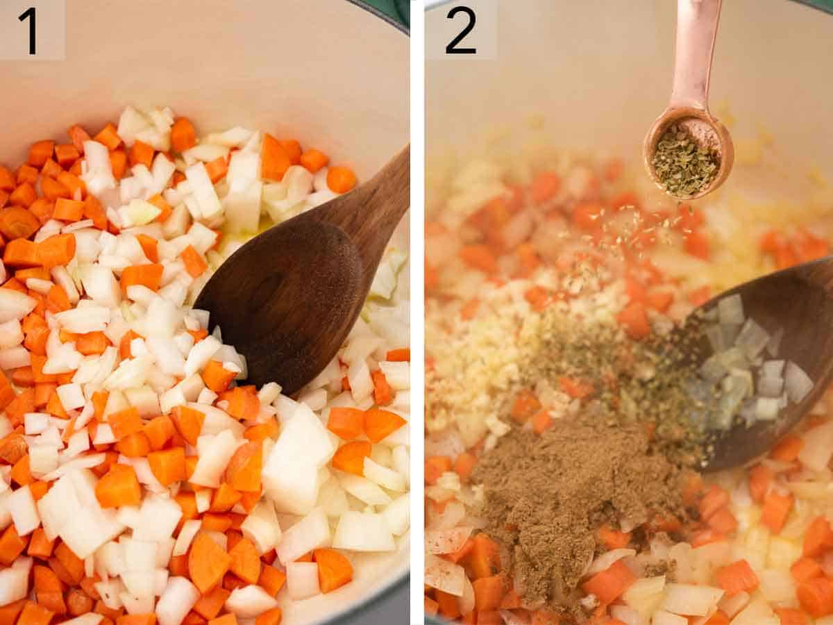 Set of two photos showing onions, carrots, and spices added to a pot.