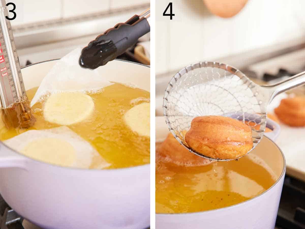 Set of two photos showing dough added to a pot of oil and scooped out once golden.