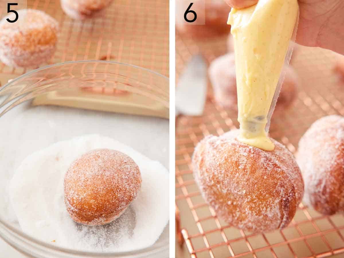 Set of two photos showing bomboloni rolled in sugar and filled with pastry cream.