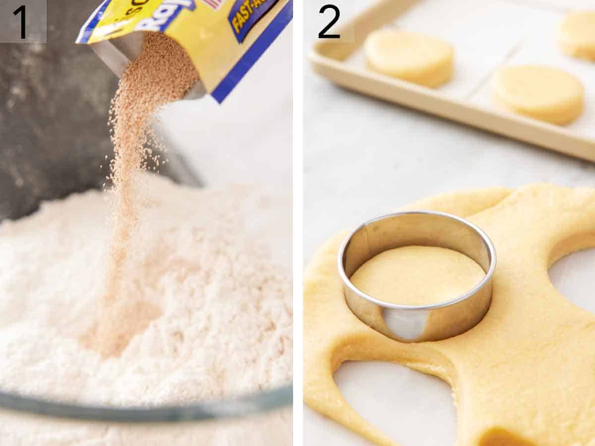 Set of two photos showing yeast added to flour and dough cut with a round cutter.