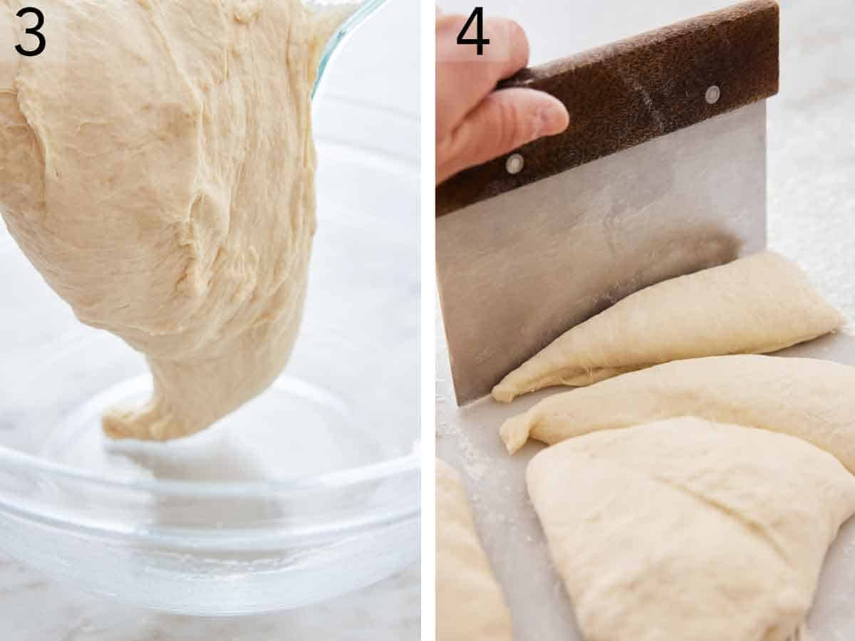 Set of two photos showing bread dough poured into a bowl and then cut into pieces.