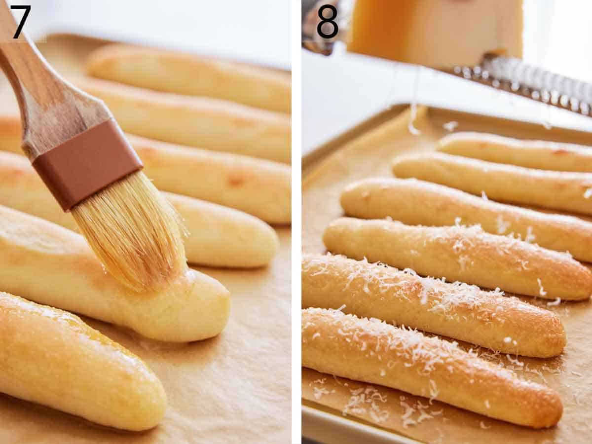 Set of two photos showing breadsticks brushed with butter and parmesan grated on top.