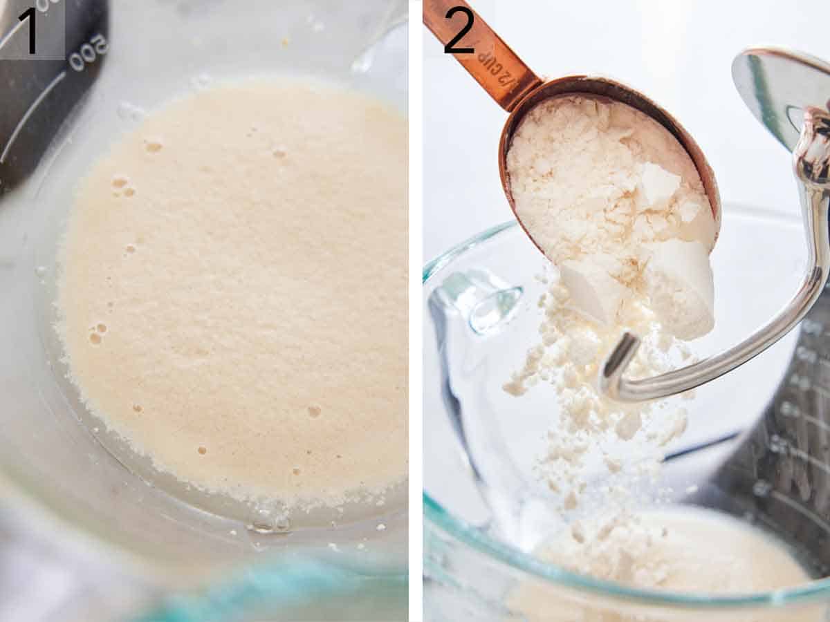 Set of two photos showing yeast bubbling in a bowl and flour added to a mixer.