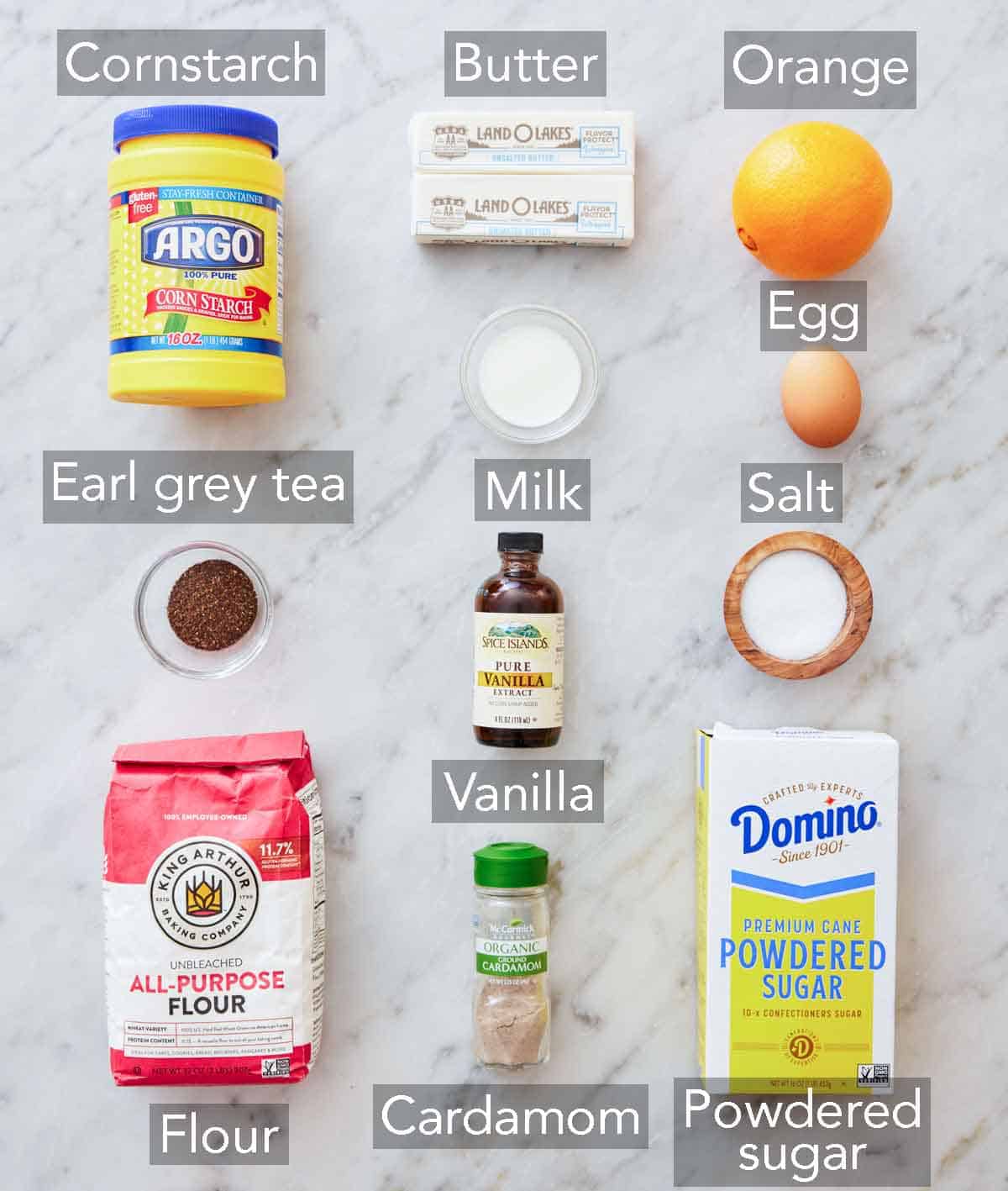 Ingredients needed to make browned butter-earl grey cookies.