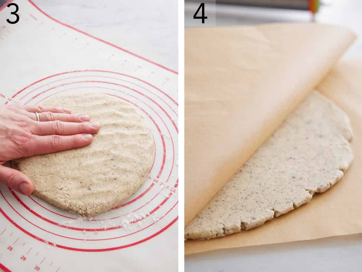 Set of two photos showing dough shaped and flattened.