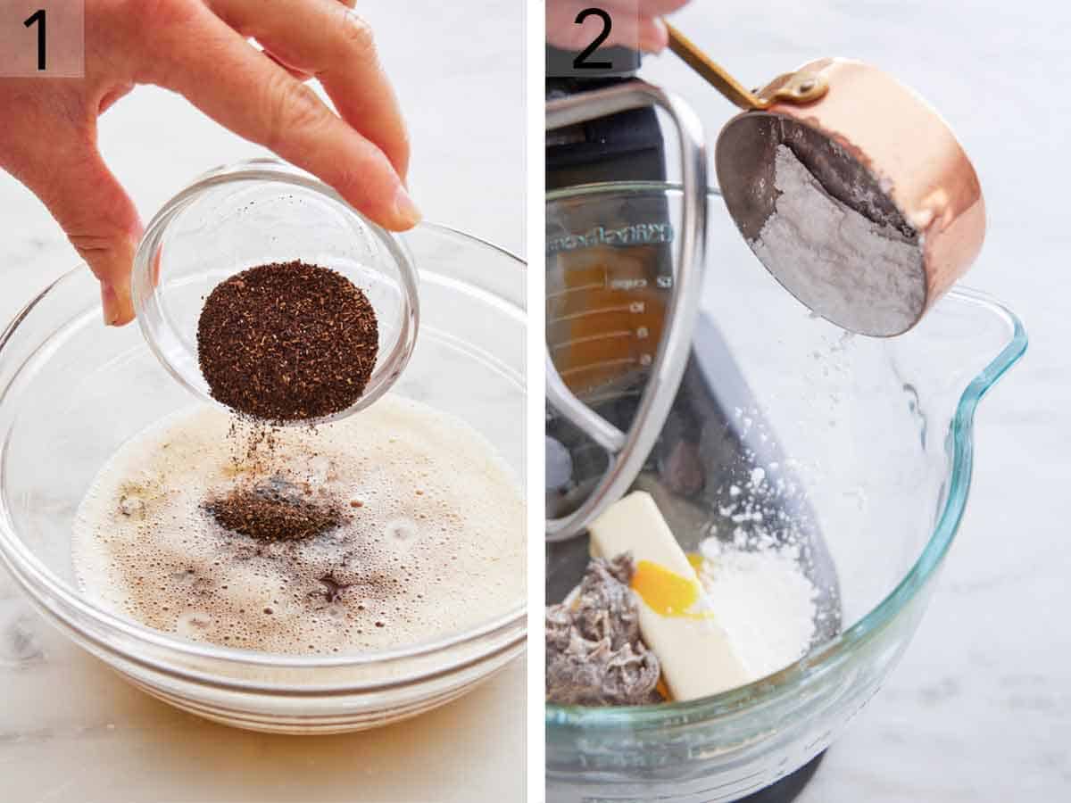 Set of two photos showing tea leaves added to melted butter and flour added to a mixer.