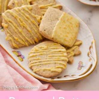 Pinterest graphic of a platter of browned butter-earl grey cookies in different shapes.