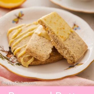 Pinterest graphic of a plate with two browned butter-earl grey cookies, one broken in half.