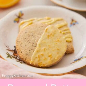 Pinterest graphic of a plate with two browned butter-earl grey cookies, one round and one square.