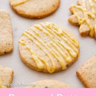 Pinterest graphic of multiple browned butter-earl grey cookies in a single layer with a round one in the middle with glaze drizzled over it.