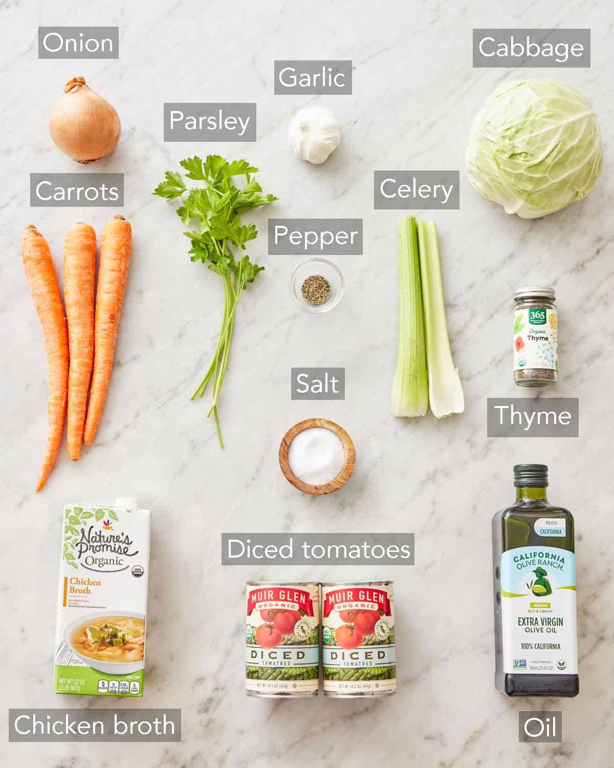 Ingredients needed to make cabbage soup.