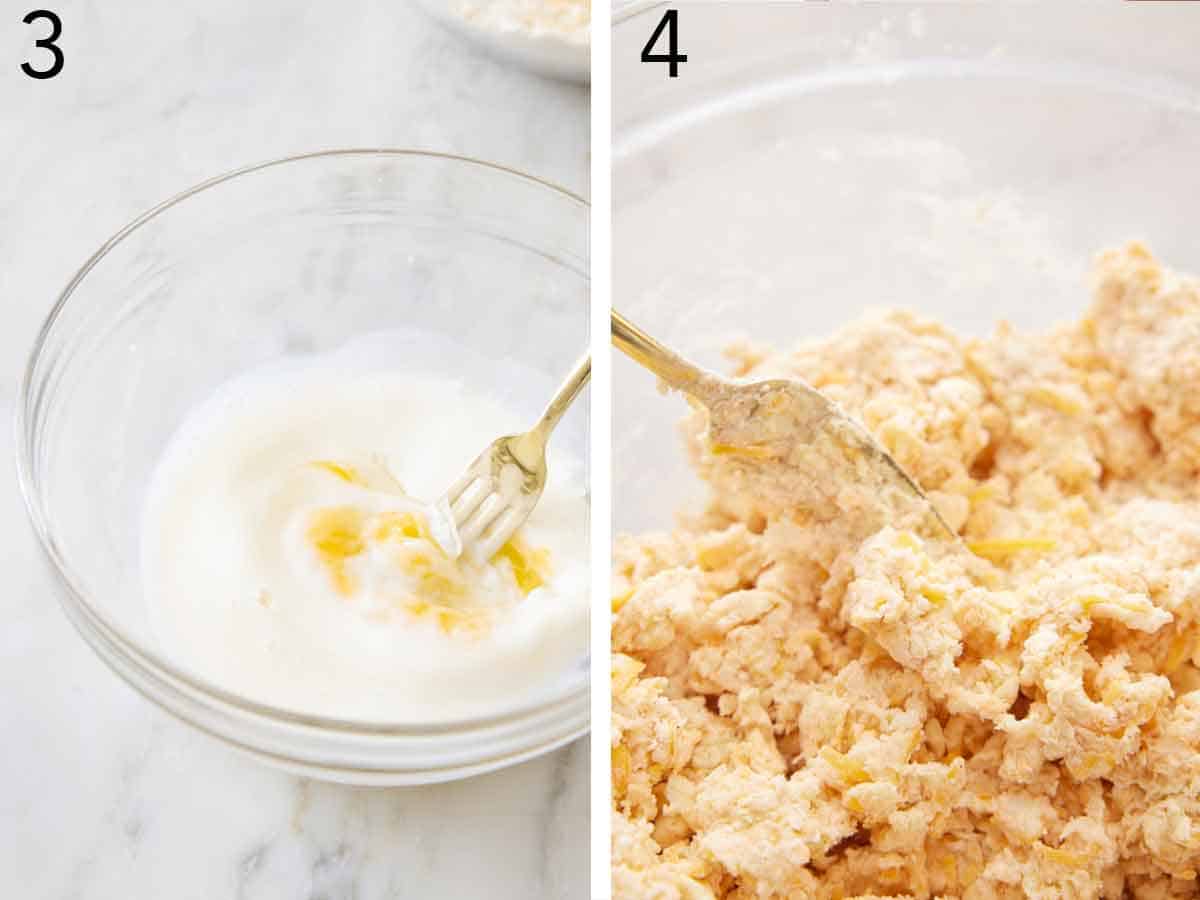 Set of two photos showing buttermilk and dough mixed with a fork.egg mixed together