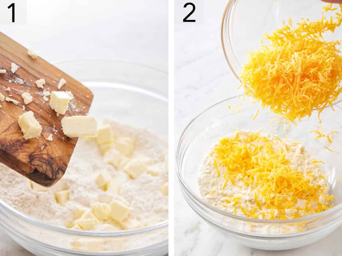 Set of two photos showing pieces of butter added to flour and shredded cheese added to the mixture.