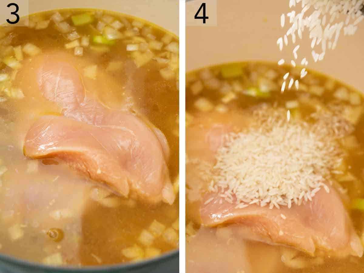 Set of two photos showing chicken and rice added to a pot.