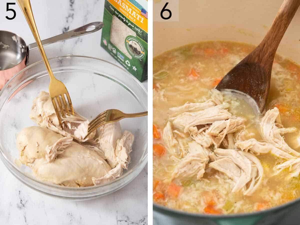 Set of two photos showing cooked breasts shredded in a bowl with two forks and added back to the soup.