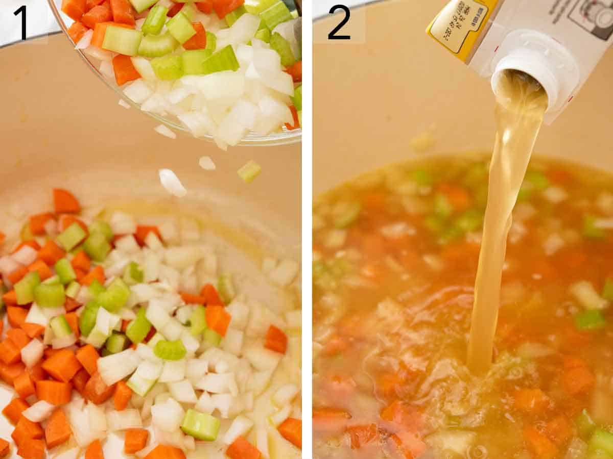 Set of two photos showing diced onion, celery, carrots, and broth added to a pot.