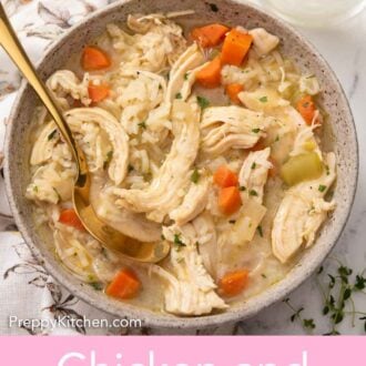 Pinterest graphic of an overhead view of a bowl of chicken and rice soup with a spoon tucked into the bowl.