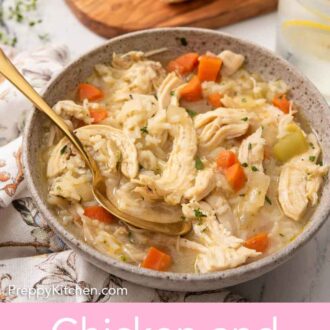 Pinterest graphic of a bowl of chicken and rice soup with some bread and a glass of water in the back.